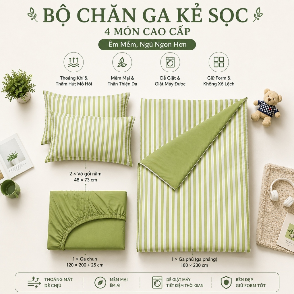Bộ Chăn Ga Gối 4 Món Sọc Xanh Lá Mát Mẻ, Sẵn Kho, Ship Miễn Phí, Mềm Mại Thoáng Khí