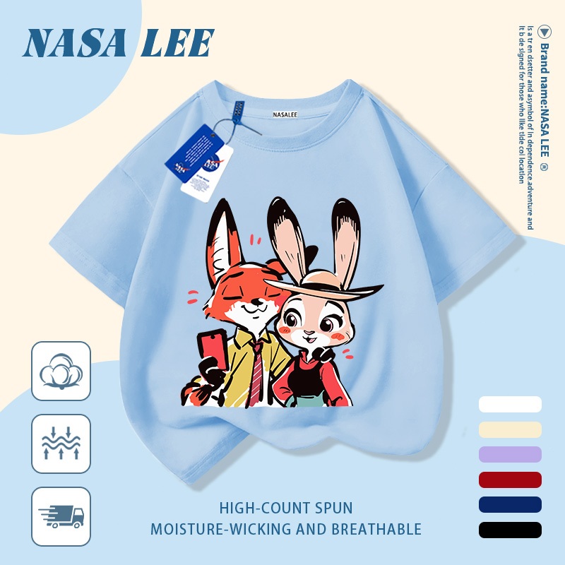 [Giao hàng trong ngày] Áo thun Cotton trắng nguyên chất thoáng khí cho trẻ em NASA Phim hoạt hình Cáo và Thỏ in hợp thời trang 3-16 tuổi Bé trai bé gái tay ngắn thông thường