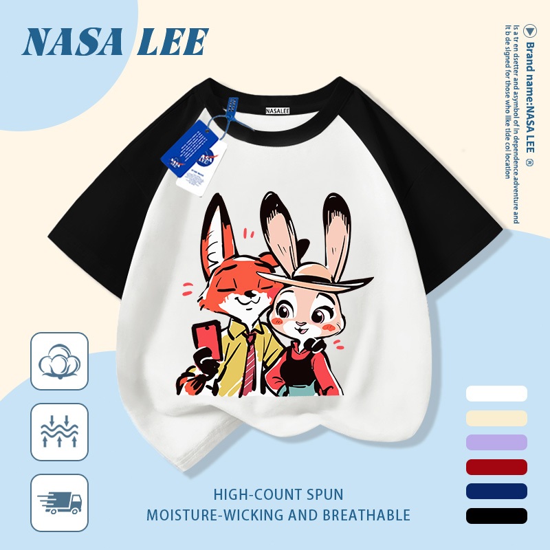 [Giao hàng trong ngày] Áo thun Cotton trắng nguyên chất thoáng khí cho trẻ em NASA Phim hoạt hình Cáo và Thỏ in hợp thời trang 3-16 tuổi Bé trai bé gái tay ngắn thông thường