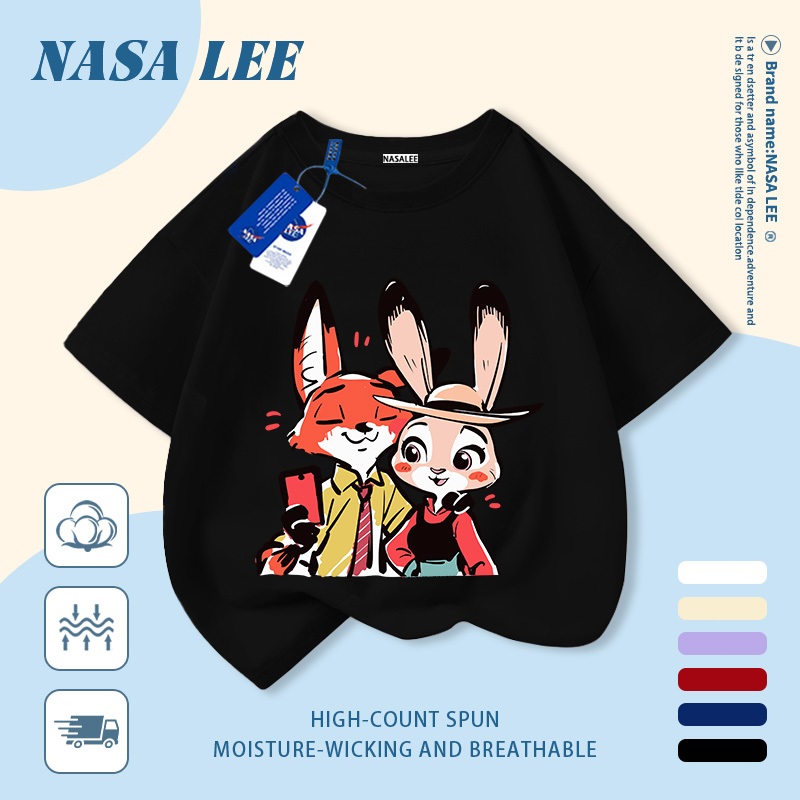 [Giao hàng trong ngày] Áo thun Cotton trắng nguyên chất thoáng khí cho trẻ em NASA Phim hoạt hình Cáo và Thỏ in hợp thời trang 3-16 tuổi Bé trai bé gái tay ngắn thông thường