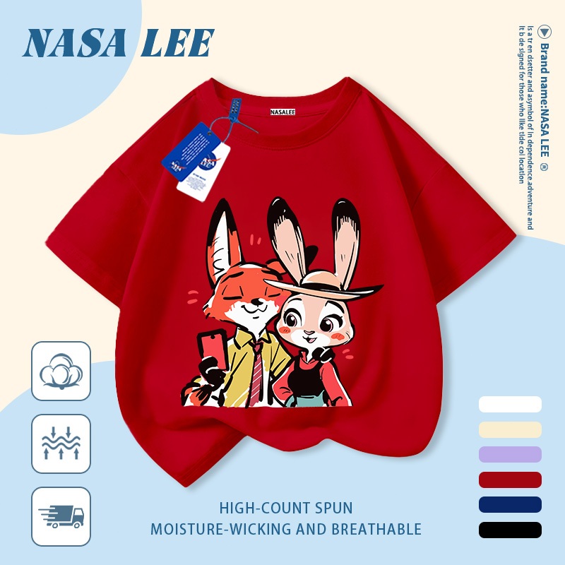 [Giao hàng trong ngày] Áo thun Cotton trắng nguyên chất thoáng khí cho trẻ em NASA Phim hoạt hình Cáo và Thỏ in hợp thời trang 3-16 tuổi Bé trai bé gái tay ngắn thông thường