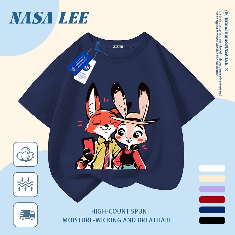 [Giao hàng trong ngày] Áo thun Cotton trắng nguyên chất thoáng khí cho trẻ em NASA Phim hoạt hình Cáo và Thỏ in hợp thời trang 3-16 tuổi Bé trai bé gái tay ngắn thông thường