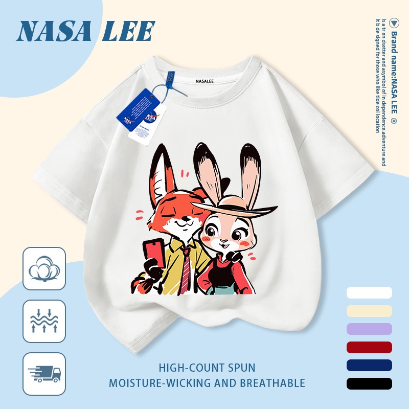 [Giao hàng trong ngày] Áo thun Cotton trắng nguyên chất thoáng khí cho trẻ em NASA Phim hoạt hình Cáo và Thỏ in hợp thời trang 3-16 tuổi Bé trai bé gái tay ngắn thông thường