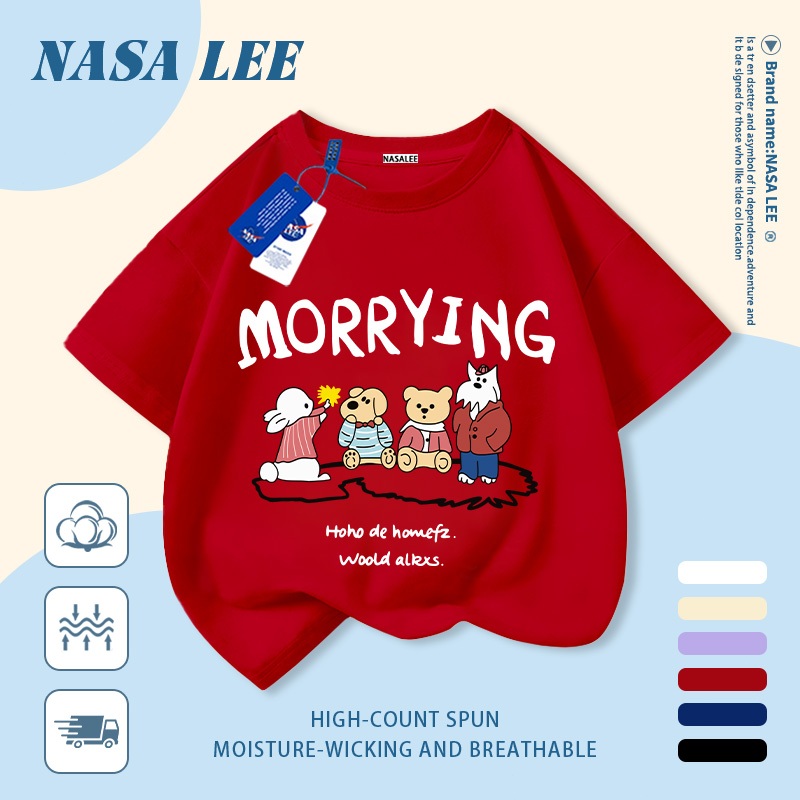 [Giao hàng trong ngày] Áo thun Cotton nguyên chất màu đen trắng cho trẻ em NASA Áo thun Cotton thoáng khí hoạt hình xu hướng động vật in 3-16 tuổi bé trai bé gái tay ngắn thông thường