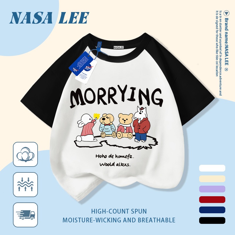 [Giao hàng trong ngày] Áo thun Cotton nguyên chất màu đen trắng cho trẻ em NASA Áo thun Cotton thoáng khí hoạt hình xu hướng động vật in 3-16 tuổi bé trai bé gái tay ngắn thông thường