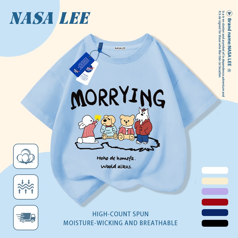 [Giao hàng trong ngày] Áo thun Cotton nguyên chất màu đen trắng cho trẻ em NASA Áo thun Cotton thoáng khí hoạt hình xu hướng động vật in 3-16 tuổi bé trai bé gái tay ngắn thông thường