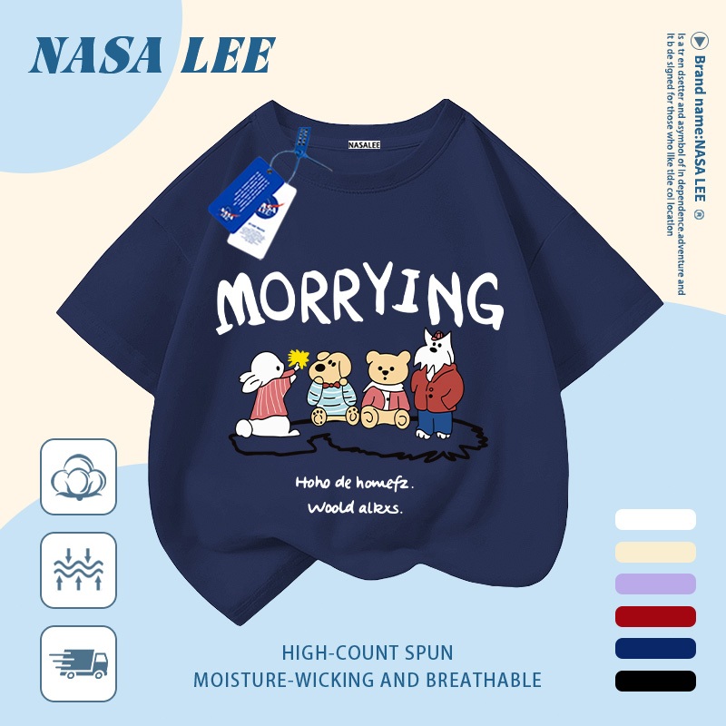[Giao hàng trong ngày] Áo thun Cotton nguyên chất màu đen trắng cho trẻ em NASA Áo thun Cotton thoáng khí hoạt hình xu hướng động vật in 3-16 tuổi bé trai bé gái tay ngắn thông thường