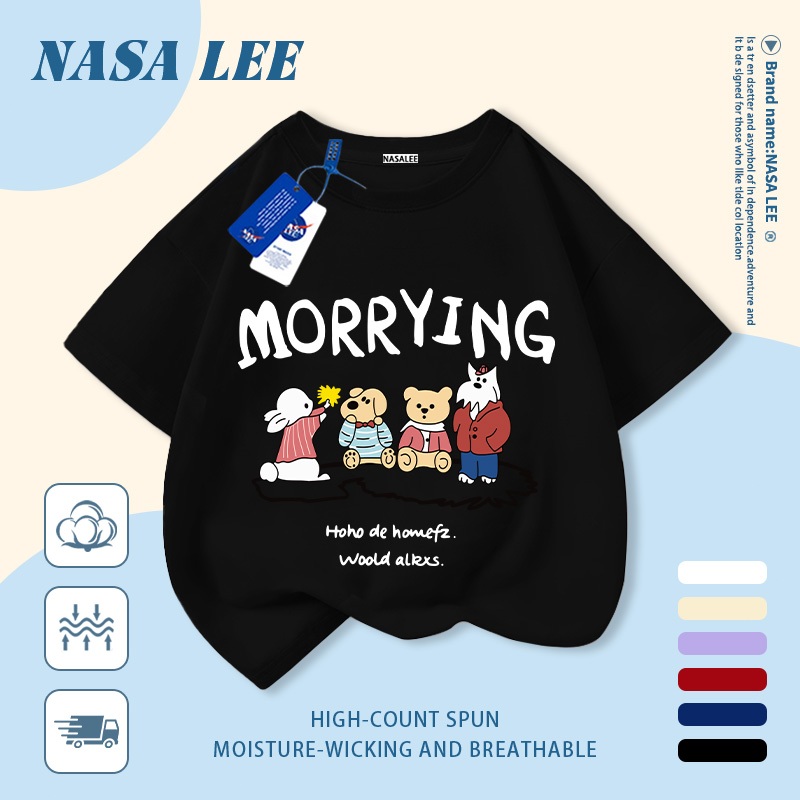 [Giao hàng trong ngày] Áo thun Cotton nguyên chất màu đen trắng cho trẻ em NASA Áo thun Cotton thoáng khí hoạt hình xu hướng động vật in 3-16 tuổi bé trai bé gái tay ngắn thông thường