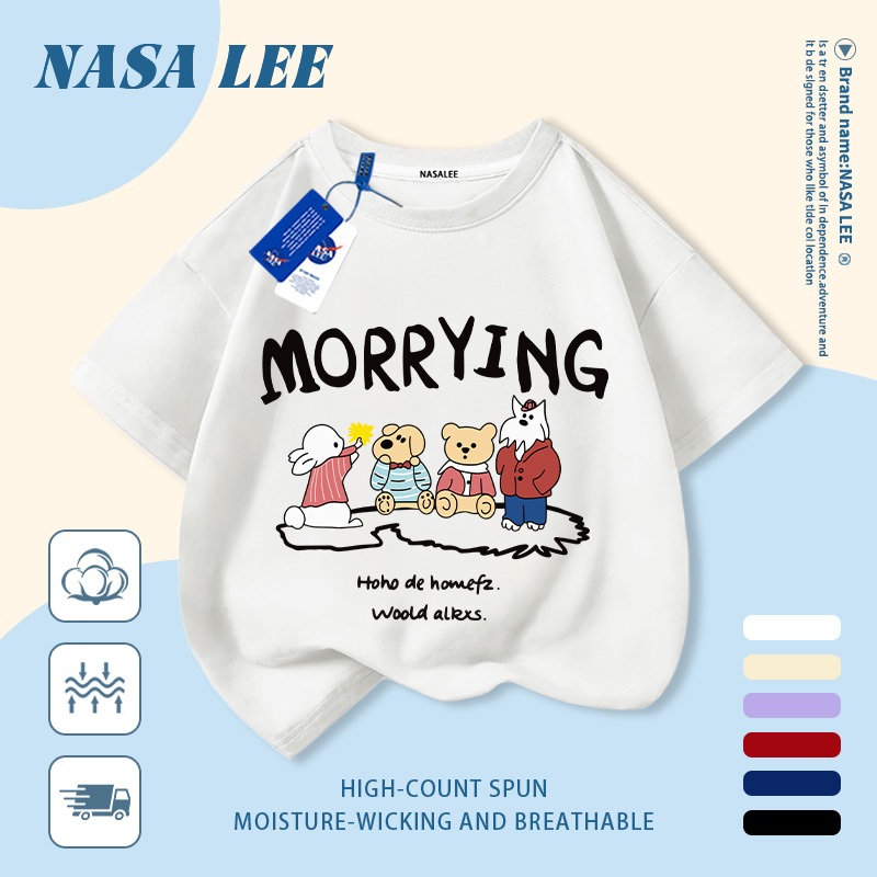 [Giao hàng trong ngày] Áo thun Cotton nguyên chất màu đen trắng cho trẻ em NASA Áo thun Cotton thoáng khí hoạt hình xu hướng động vật in 3-16 tuổi bé trai bé gái tay ngắn thông thường