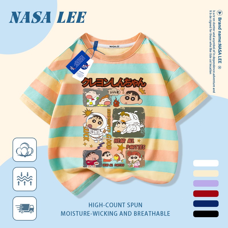 [Giao hàng trong ngày] Áo thun Cotton Cotton nguyên chất màu đen trắng cho trẻ em NASA Phim hoạt hình Crayon Shin-Chan In hợp thời trang 3-16 tuổi Bé trai bé gái tay ngắn thông thường