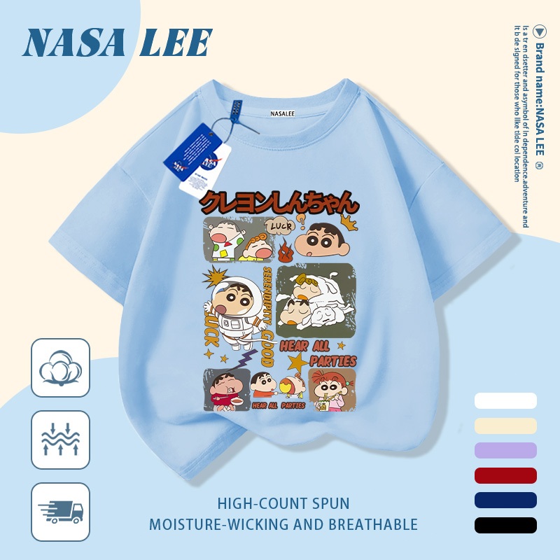 [Giao hàng trong ngày] Áo thun Cotton Cotton nguyên chất màu đen trắng cho trẻ em NASA Phim hoạt hình Crayon Shin-Chan In hợp thời trang 3-16 tuổi Bé trai bé gái tay ngắn thông thường