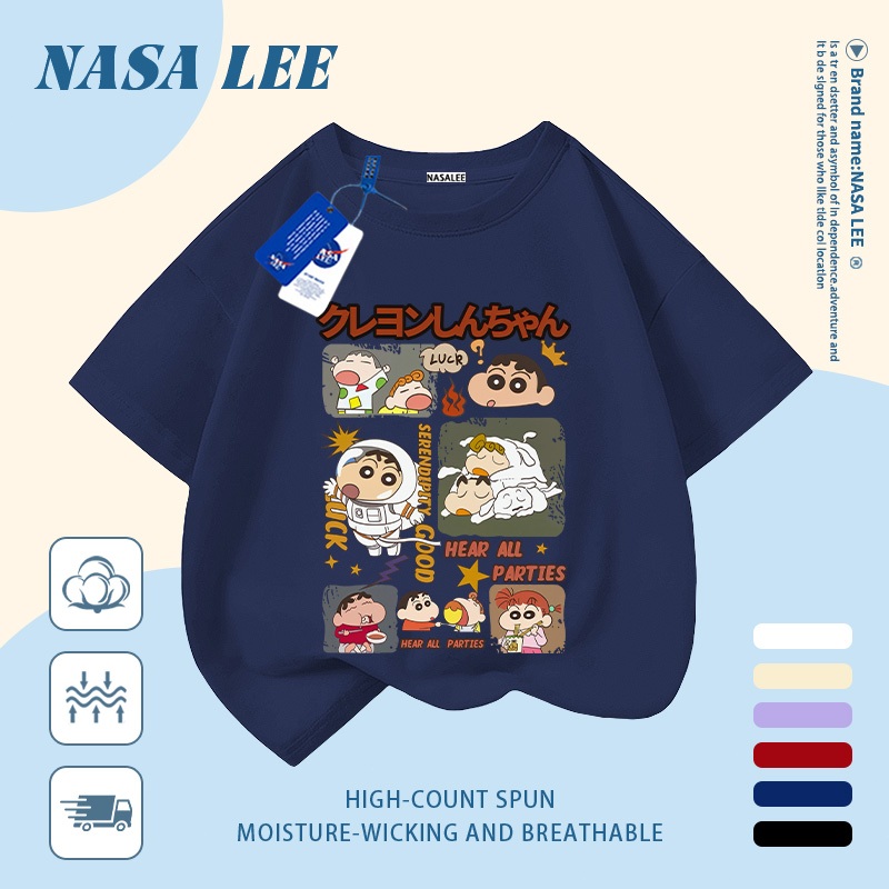 [Giao hàng trong ngày] Áo thun Cotton Cotton nguyên chất màu đen trắng cho trẻ em NASA Phim hoạt hình Crayon Shin-Chan In hợp thời trang 3-16 tuổi Bé trai bé gái tay ngắn thông thường