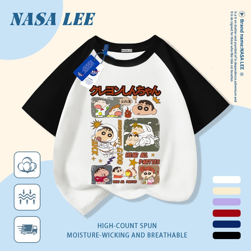 [Giao hàng trong ngày] Áo thun Cotton Cotton nguyên chất màu đen trắng cho trẻ em NASA Phim hoạt hình Crayon Shin-Chan In hợp thời trang 3-16 tuổi Bé trai bé gái tay ngắn thông thường