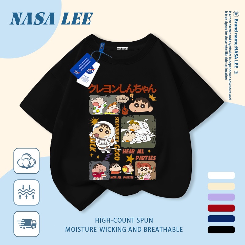 [Giao hàng trong ngày] Áo thun Cotton Cotton nguyên chất màu đen trắng cho trẻ em NASA Phim hoạt hình Crayon Shin-Chan In hợp thời trang 3-16 tuổi Bé trai bé gái tay ngắn thông thường