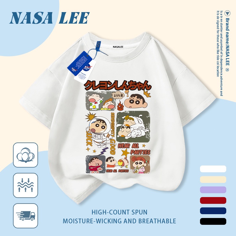 [Giao hàng trong ngày] Áo thun Cotton Cotton nguyên chất màu đen trắng cho trẻ em NASA Phim hoạt hình Crayon Shin-Chan In hợp thời trang 3-16 tuổi Bé trai bé gái tay ngắn thông thường
