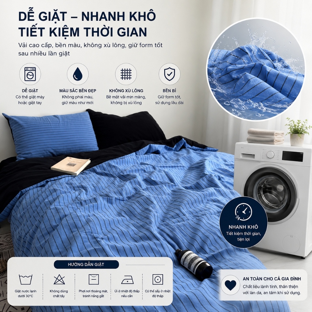Bộ chăn ga gối sọc xanh 4 trong 1, siêu mềm & thoáng khí