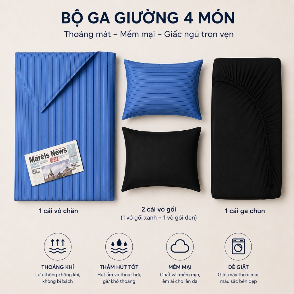 Bộ chăn ga gối sọc xanh 4 trong 1, siêu mềm & thoáng khí