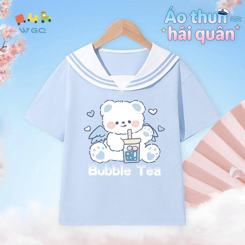 W.G.Q Áo thun bé gái，thiết kế dây buộc hải quân in hình gấu，phiên bản rộng thoáng khí thoải mái，phong cách bán chạy mùa hè