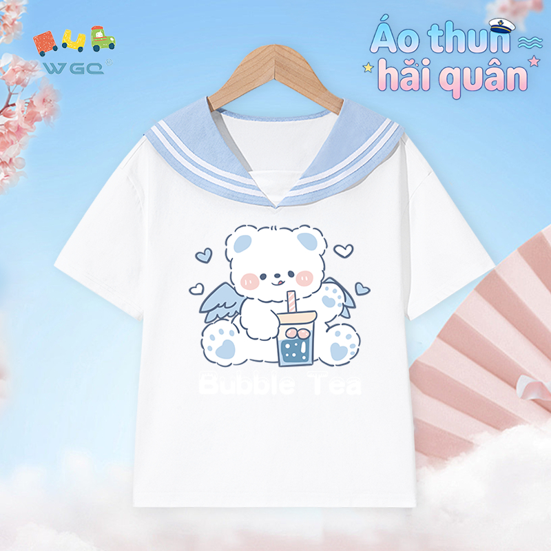 W.G.Q Áo thun bé gái，thiết kế dây buộc hải quân in hình gấu，phiên bản rộng thoáng khí thoải mái，phong cách bán chạy mùa hè