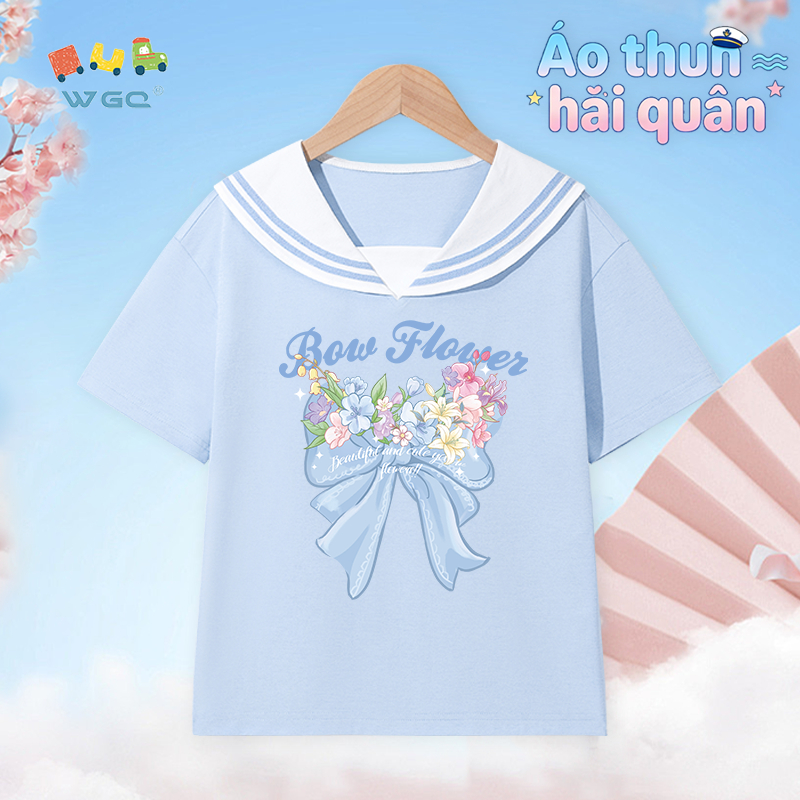 W.G.Q Áo thun bé gái，Thiết kế cổ áo hải quân phong cách Preppy，có in nơ hoa, dáng rộng vừa vặn thoáng khí thoải mái，phong cách bán chạy mùa hè