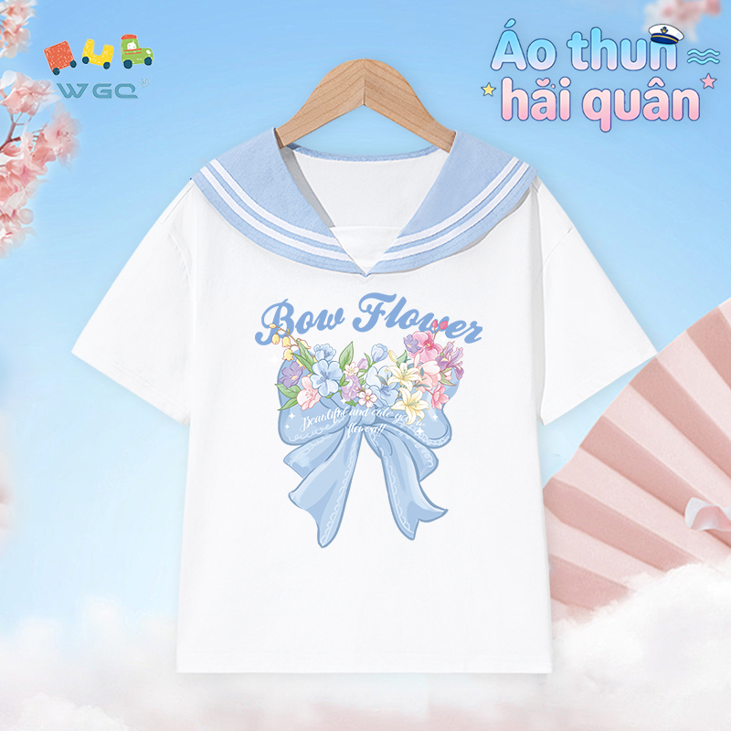 W.G.Q Áo thun bé gái，Thiết kế cổ áo hải quân phong cách Preppy，có in nơ hoa, dáng rộng vừa vặn thoáng khí thoải mái，phong cách bán chạy mùa hè