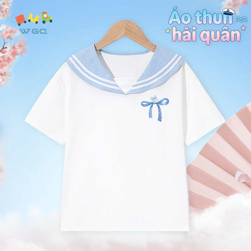W.G.Q Áo thun bé gái，Thiết kế cổ áo hải quân phong cách Preppy，In nơ, dáng rộng vừa vặn thoáng khí thoải mái，Phong cách bán chạy mùa hè
