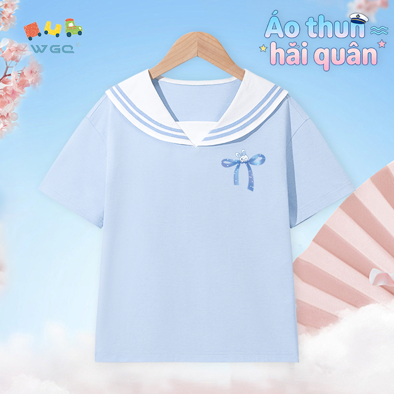 W.G.Q Áo thun bé gái，Thiết kế cổ áo hải quân phong cách Preppy，In nơ, dáng rộng vừa vặn thoáng khí thoải mái，Phong cách bán chạy mùa hè