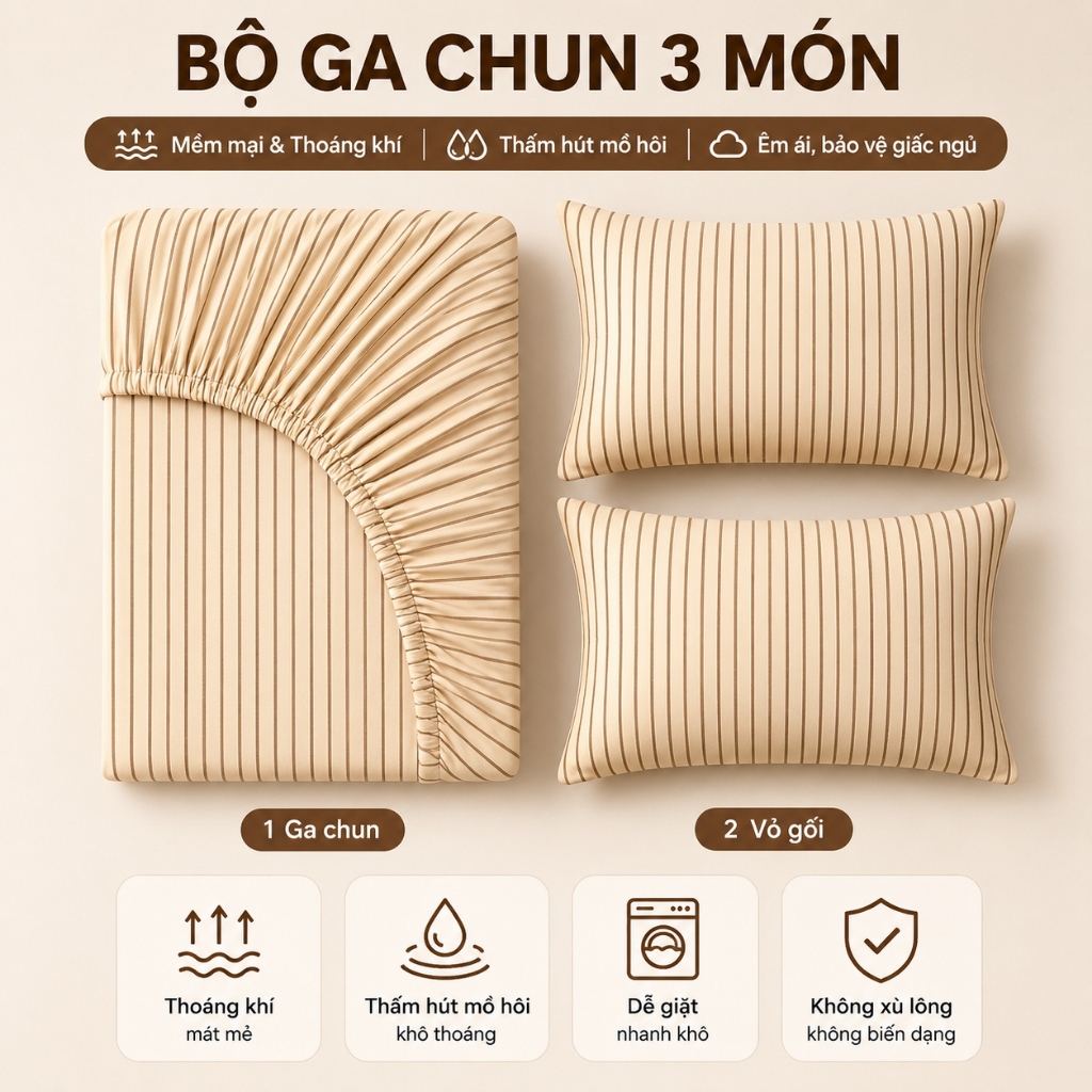 Hàng Sẵn Bộ Drap 3 Món Sọc Tối Giản | Êm Ái Thoáng Mát + Freeship Toàn Quốc
