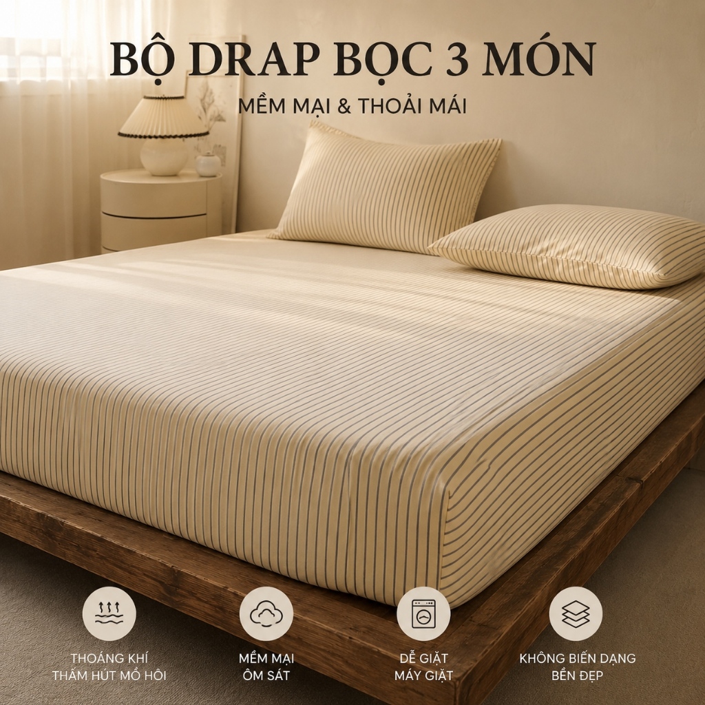 Hàng Sẵn Bộ Drap 3 Món Sọc Tối Giản | Êm Ái Thoáng Mát + Freeship Toàn Quốc