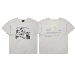 OFF-WHITE Áo thun giặt cổ điển cỡ lớn Unisex, áo thun in họa tiết "I Still Have Hope", áo dạo phố thường ngày đau khổ Top màu trắng nhạt