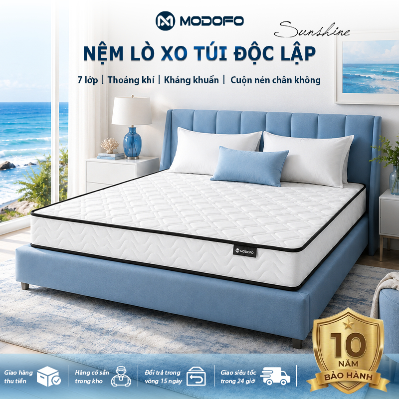 Nệm Lò Xo Túi Độc Lập MODOFO Cao Cấp Dày 20cm - Nệm Cuộn Hút Chân Không Lớp Latex Tự Nhiên Thoáng Khí Giảm Đau Lưng