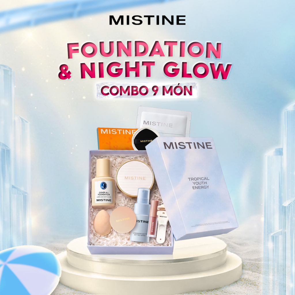 【Set hộp quà】Kem nền Mistine 30g + Cushion Night Glow 12g*2｜Tổng 9 món｜Kèm hộp quà cao cấp｜Tặng kèm nhiều quà tặng hấp dẫn