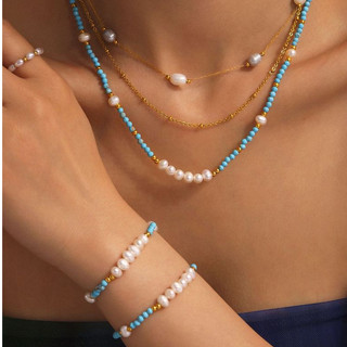 Handmade Ngọc Trai Nước Ngọt Bộ Vòng Cổ Ngọc Trai Dây Thép Không Gỉ Trang Sức Thời Trang Cho Nàng
