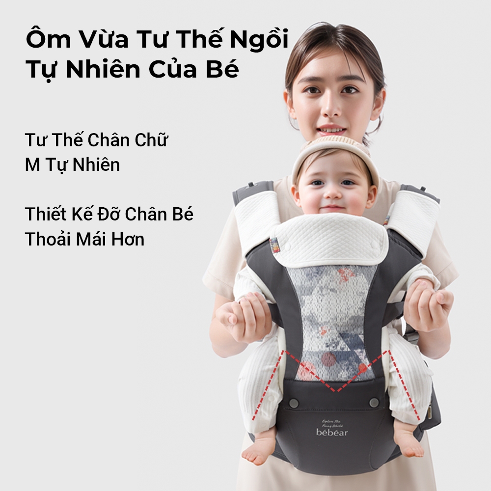 Địu Em Bé Bebear Cao Cấp Có Ghế Ngồi – Chống Đau Lưng, Thu Gọn Nhanh, Chuẩn M-Shape Cho Bé 0-36 Tháng địu cho bé