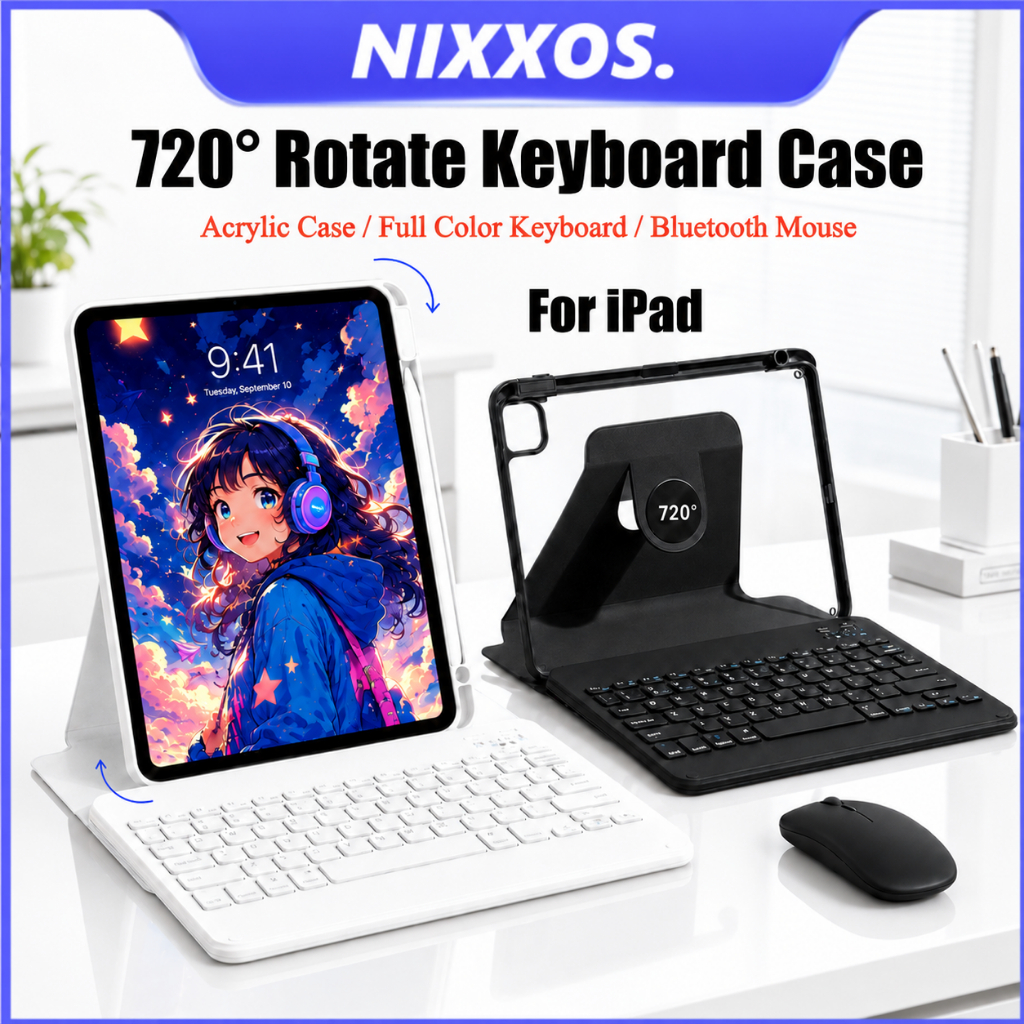 NIXXOS Ốp Bàn Phím Bluetooth Xoay 720° Cho iPad Vỏ Acrylic Trong Suốt Có Khe Đựng Bút Dành Cho iPad (A16) / iPad (thế hệ thứ 10), iPad Air 11 inch (M2/M3/M4), iPad Air 10,9 inch (thế hệ thứ 4/5), iPad Pro 11 inch (M4/M5), iPad 10,2 inch (thế hệ thứ 9/8/7)
