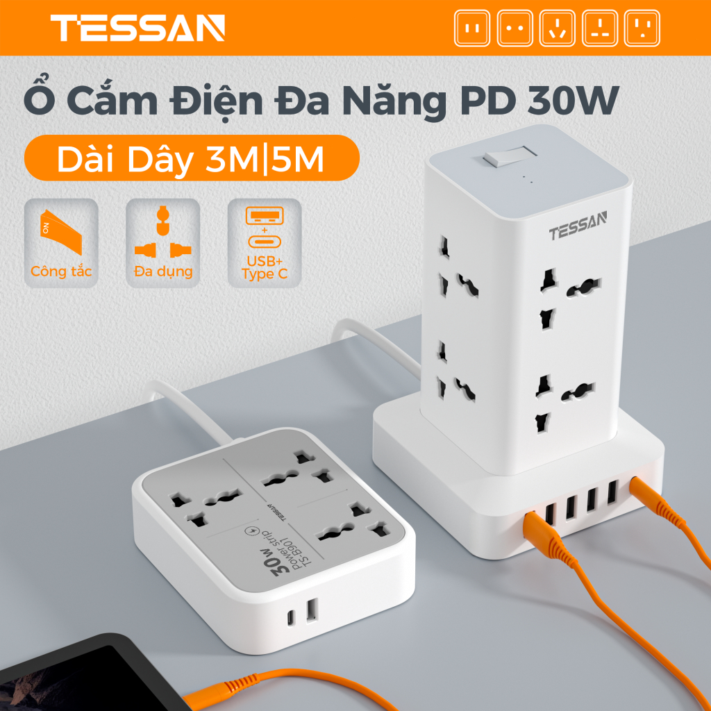 Ổ Cắm Điện Đa Năng TESSAN 20W Type-C USB Sạc Nhanh, Ổ Cắm Nhiều Lỗ 2500W Cho Gia Đình Văn Phòng