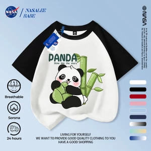 NASA Panda Children Áo ngắn tay mùa hè Cotton nguyên chất thoáng khí vừa lớn Trẻ em in hình vui nhộn
