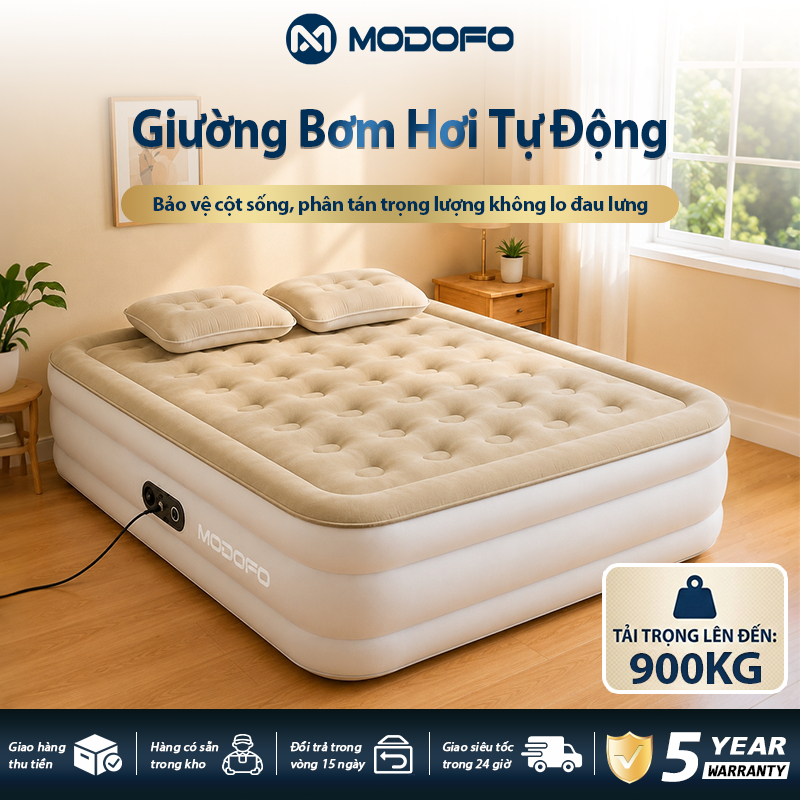 Nệm hơi MODOFO tích hợp bơm điện tự động cao 40cm, Giường đệm hơi gấp gọn bọc nhung cao cấp