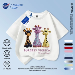 NASA Hươu cao cổ trẻ em ngắn tay mùa hè Cotton nguyên chất thoáng khí giữa trẻ em lớn in hình vui nhộn