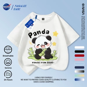 NASA Gấu Trúc Ăn Tre Trẻ Em Tay Ngắn Mùa Hè Cotton Nguyên Chất Thoáng Khí Vừa Lớn Trẻ Em Vui Nhộn In Hình