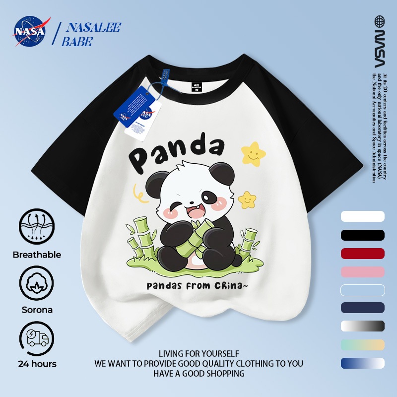 [Hàng có sẵn Vận chuyển nhanh] NASA Gấu Trúc Ăn Tre Trẻ Em Tay Ngắn Mùa Hè Cotton Nguyên Chất Thoáng Khí Vừa Lớn Trẻ Em Vui Nhộn In Hình
