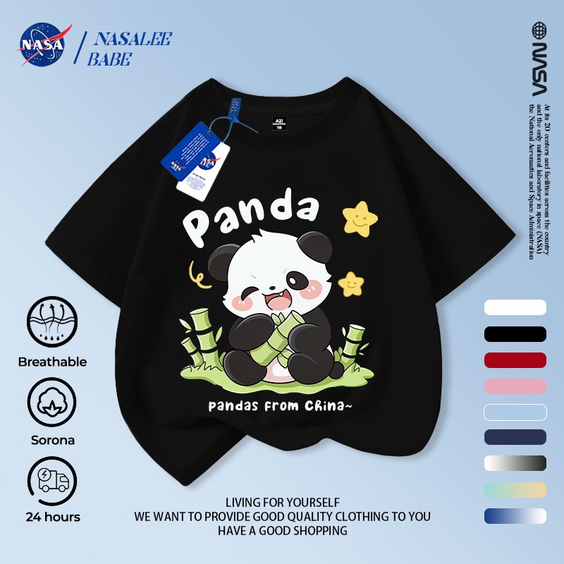 [Hàng có sẵn Vận chuyển nhanh] NASA Gấu Trúc Ăn Tre Trẻ Em Tay Ngắn Mùa Hè Cotton Nguyên Chất Thoáng Khí Vừa Lớn Trẻ Em Vui Nhộn In Hình