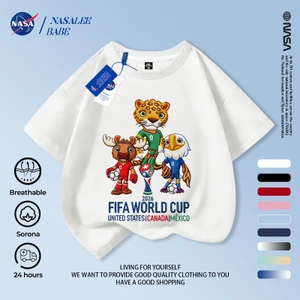 NASA Meijiamo World Cup Linh vật Trẻ em tay ngắn mùa hè Cotton nguyên chất thoáng khí vừa lớn Trẻ em in hình vui nhộn