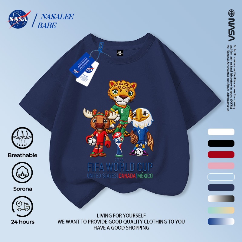 [Hàng có sẵn Vận chuyển nhanh] NASA Meijiamo World Cup Linh vật Trẻ em tay ngắn mùa hè Cotton nguyên chất thoáng khí vừa lớn Trẻ em in hình vui nhộn