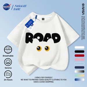 NASA Creative Cat Children Áo ngắn tay mùa hè Cotton nguyên chất thoáng khí vừa lớn Trẻ em in hình vui nhộn