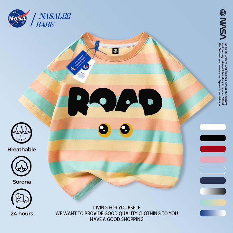 [Hàng có sẵn Vận chuyển nhanh] NASA Creative Cat Children Áo ngắn tay mùa hè Cotton nguyên chất thoáng khí vừa lớn Trẻ em in hình vui nhộn
