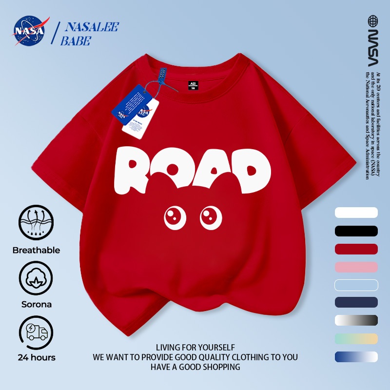 [Hàng có sẵn Vận chuyển nhanh] NASA Creative Cat Children Áo ngắn tay mùa hè Cotton nguyên chất thoáng khí vừa lớn Trẻ em in hình vui nhộn