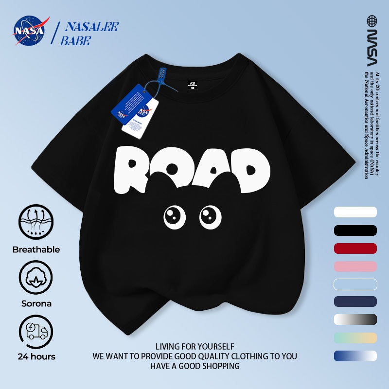 [Hàng có sẵn Vận chuyển nhanh] NASA Creative Cat Children Áo ngắn tay mùa hè Cotton nguyên chất thoáng khí vừa lớn Trẻ em in hình vui nhộn