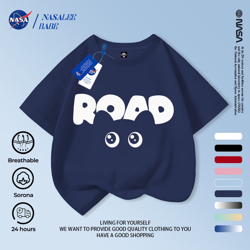 [Hàng có sẵn Vận chuyển nhanh] NASA Creative Cat Children Áo ngắn tay mùa hè Cotton nguyên chất thoáng khí vừa lớn Trẻ em in hình vui nhộn