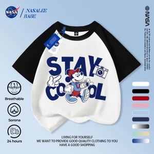 Chuột Mickey NASA Mickey Trẻ em Tay ngắn mùa hè Cotton nguyên chất thoáng khí vừa lớn Trẻ em in hình vui nhộn